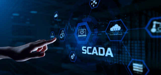 SCADA system Supervisory Control And Data Acquisition technology concept. Hand pressing button