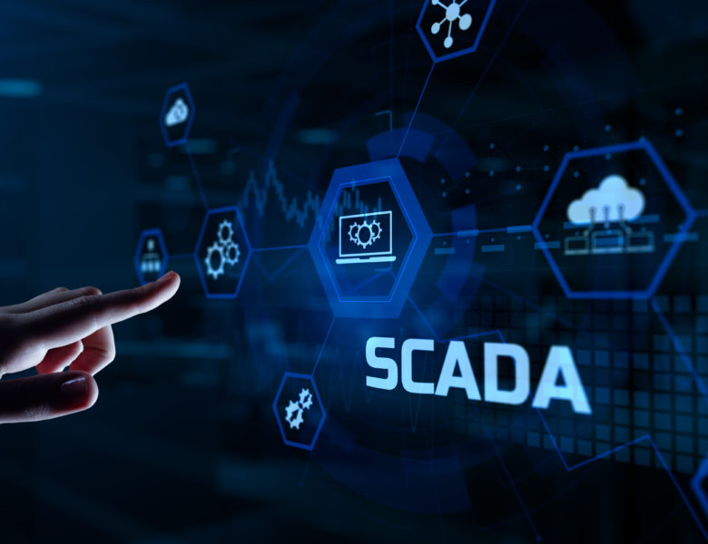 SCADA system Supervisory Control And Data Acquisition technology concept. Hand pressing button